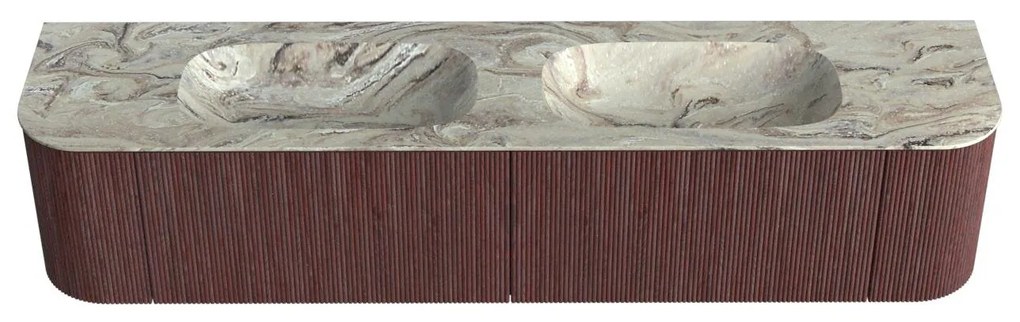 Mondiaz Kurve-dlux 200cm badmeubel ronding links/rechts ruby met 2 lades en deuren en wastafel stor small dubbel zonder kraangat glace