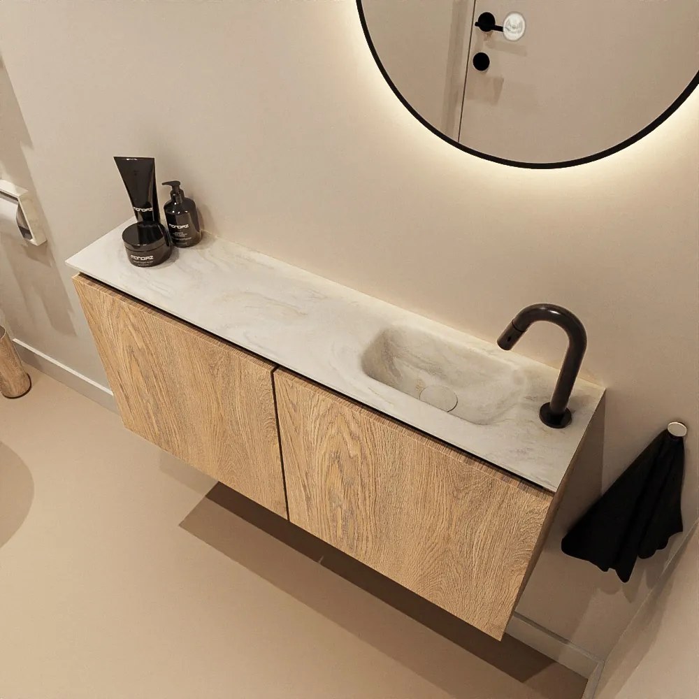 Mondiaz Ture DLux toiletmeubel 100cm washed oak met wastafel ostra rechts met kraangat