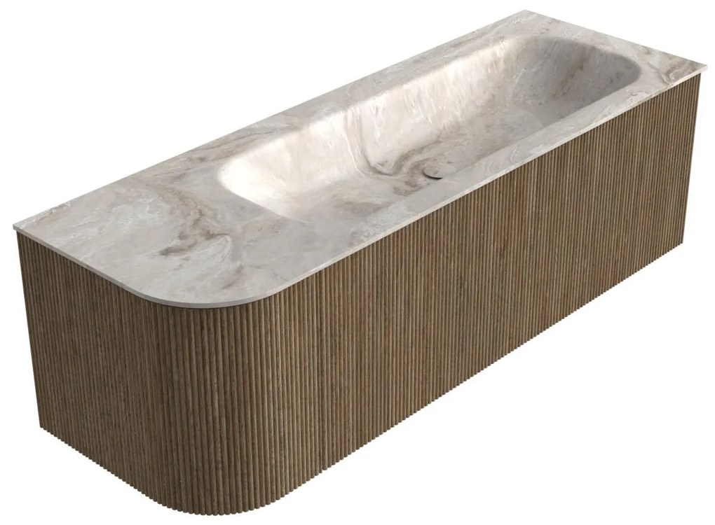 Mondiaz Kurve-dlux 135cm badmeubel ronding links dusk met 1 lade en deur en wastafel big medium rechts zonder kraangat frappe