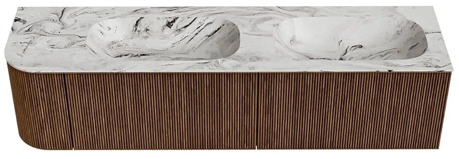 Mondiaz Kurve-dlux 175cm badmeubel ronding links walnut met 2 lades en 1 deur en wastafel stor small dubbel/rechts 2 kraangaten glace