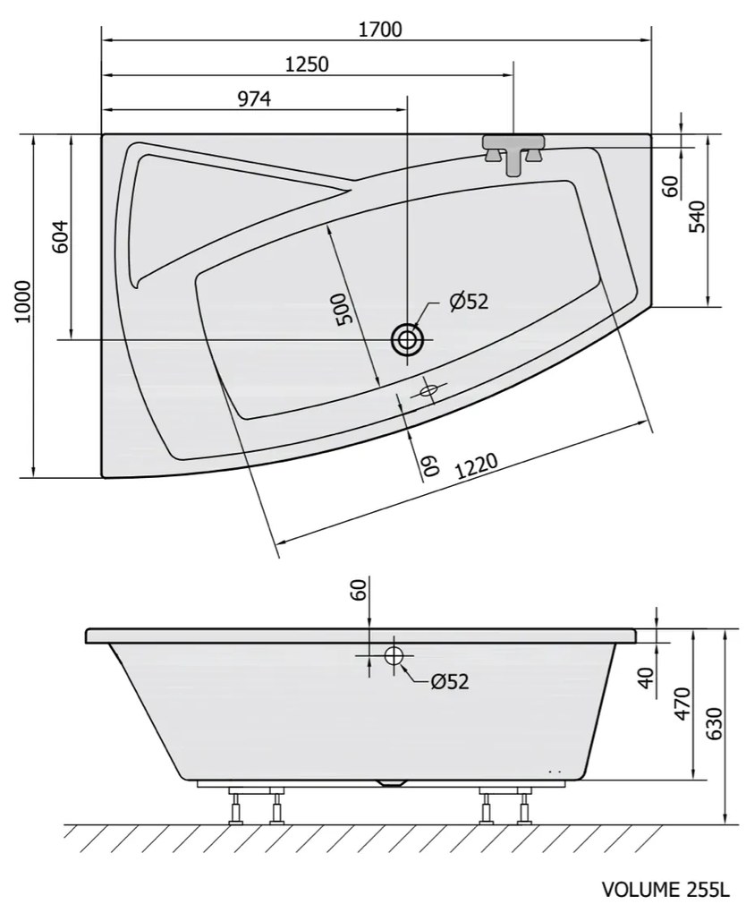 Polysan Evia asymmetrisch bad links 170x100x47cm