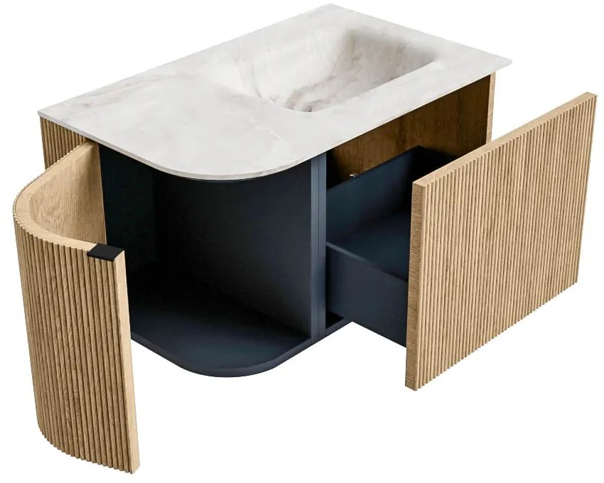 Mondiaz Kurve-dlux 75cm badmeubel ronding links oak met 1 lade en deur en wastafel grunne rechts zonder kraangat frappe