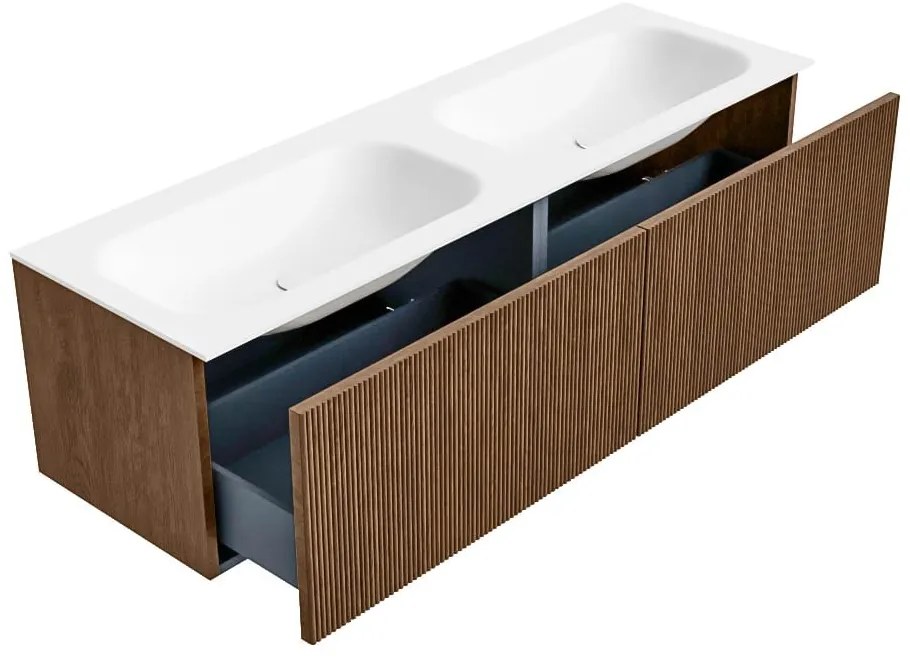 Mondiaz Kurve 150cm badmeubel walnut met 2 lades en wastafel big small dubbel zonder kraangat