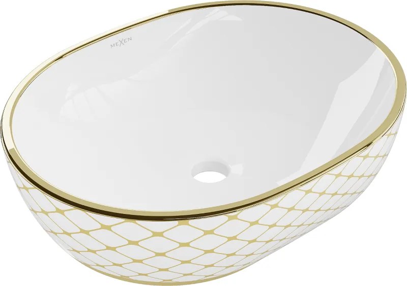 Mexen Viki opbouw waskom 48 x 35 cm, wit/goud ruitpatroon - 21054809
