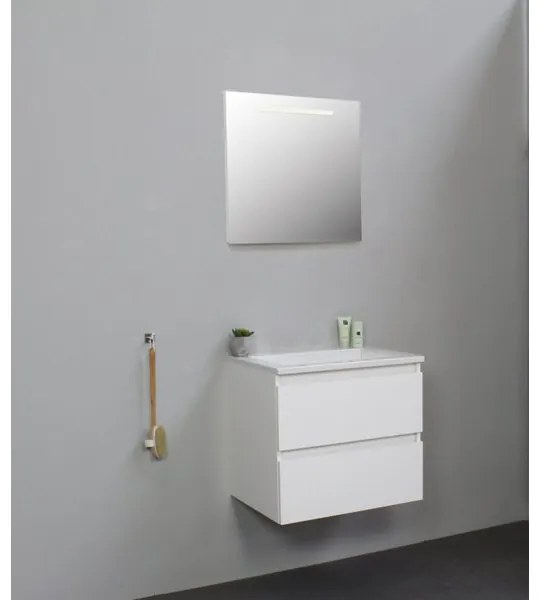 Adema Bella badmeubel met acryl wastafel zonder kraangat met spiegel met licht 60x55x46cm Wit hoogglans SWGA60HWA0SPIL