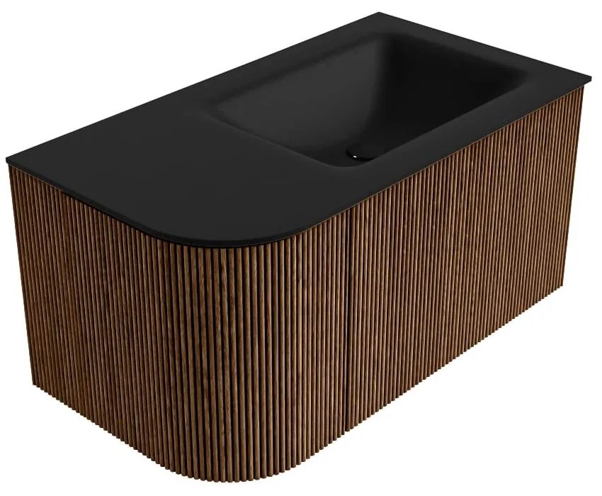Mondiaz Kurve 85cm badmeubel ronding links walnut met 1 lade en deur en wastafel cloud rechts zonder kraangat urban