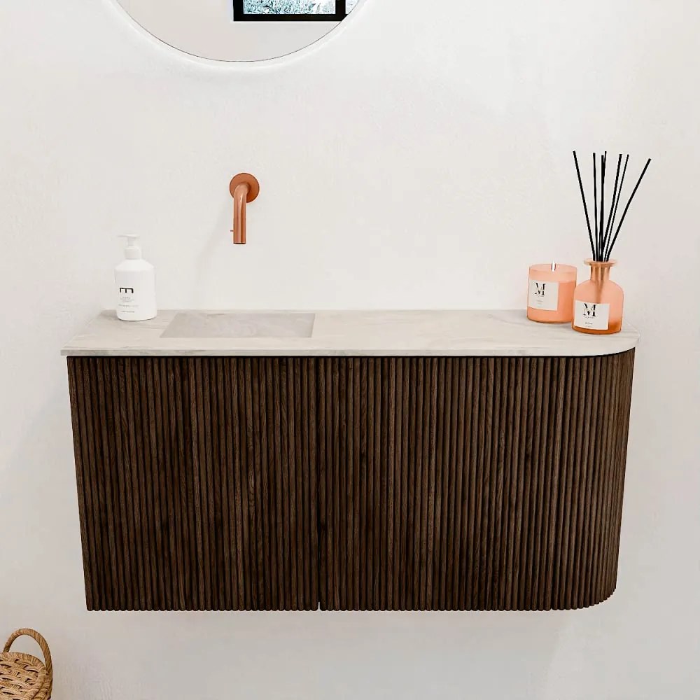 Mondiaz Joya DLux 80cm toiletmeubel ronding rechts walnut met wastafel faye links zonder kraangat ostra