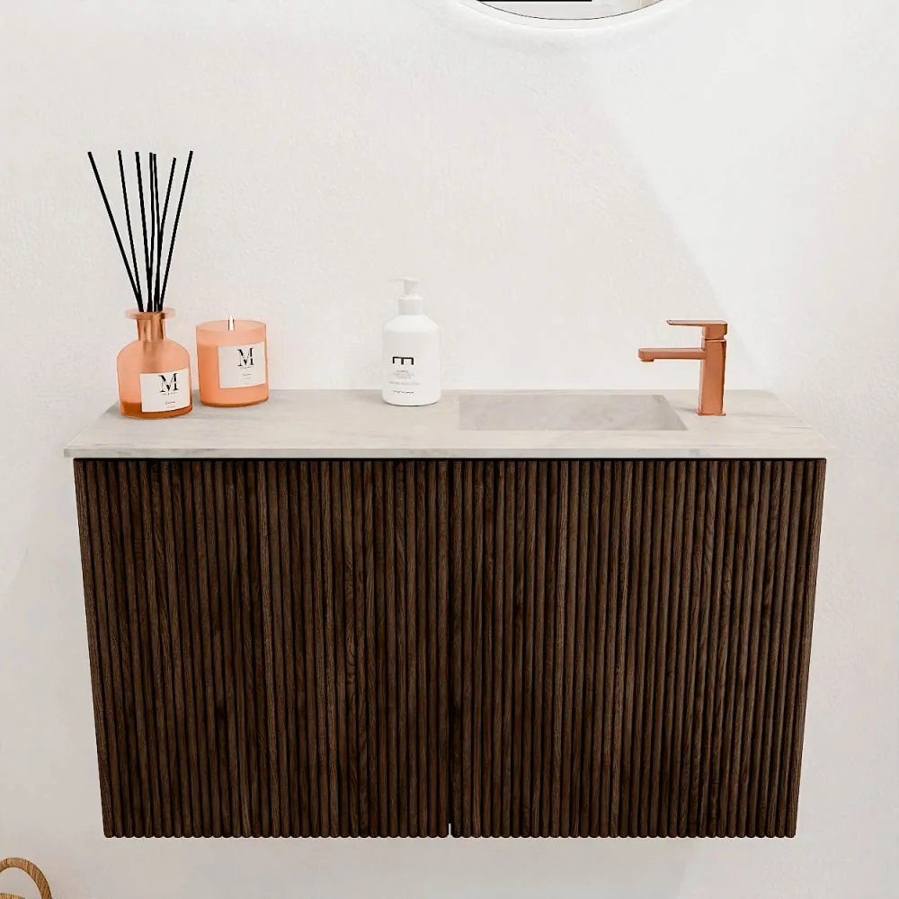 Mondiaz Joya DLux 70cm toiletmeubel walnut met wastafel faye rechts 1 kraangat ostra