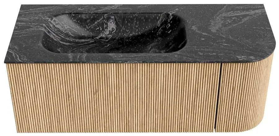 Mondiaz Kurve-dlux 115cm badmeubel ronding rechts oak met 1 lade en deur en wastafel big small kraangat links lava