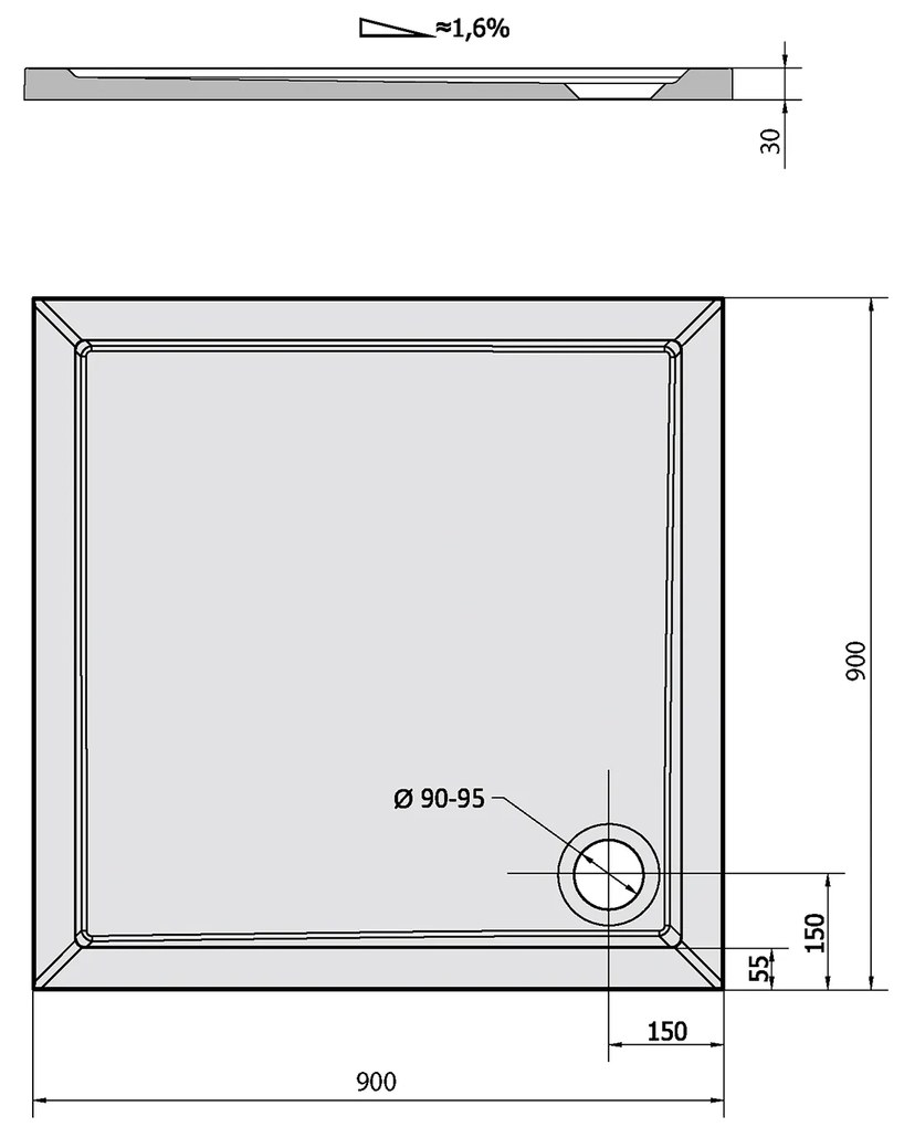 Polysan Aura vierkante douchebak 90x90x3cm wit