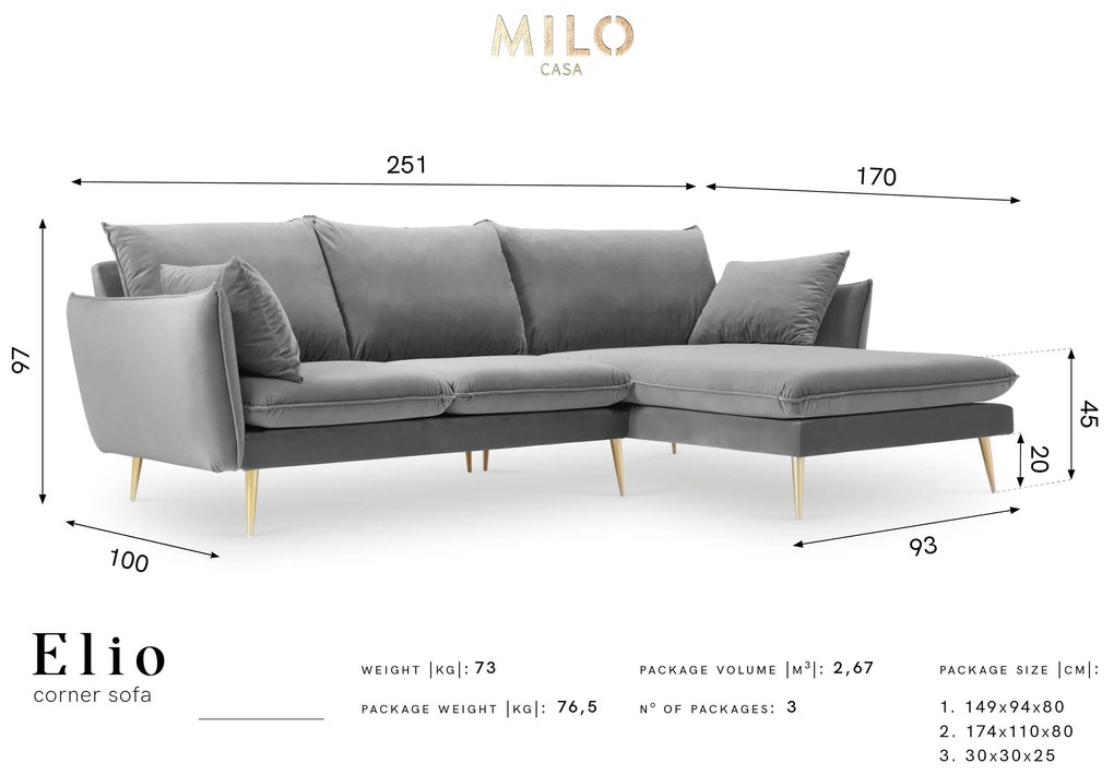 3.5-zitshoekbank Elio rechts velvet | Milo Casa