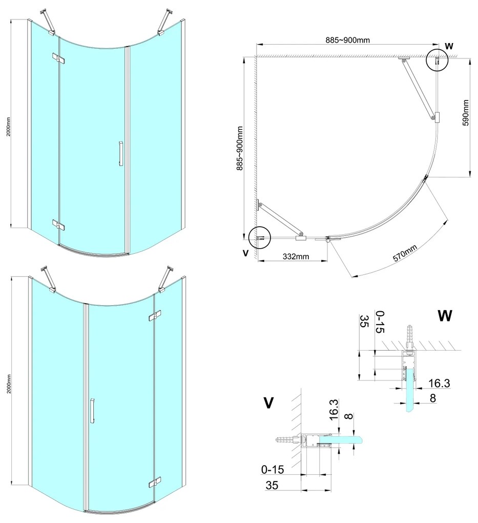 Gelco Trinity kwartronde douchecabine 90x90cm rechts helder glas goud