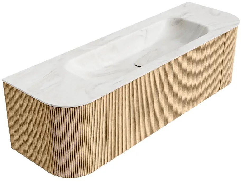 Mondiaz Kurve-dlux 150cm badmeubel ronding links/rechts oak met 1 lade en 2 deuren en wastafel big medium midden zonder kraangat ostra