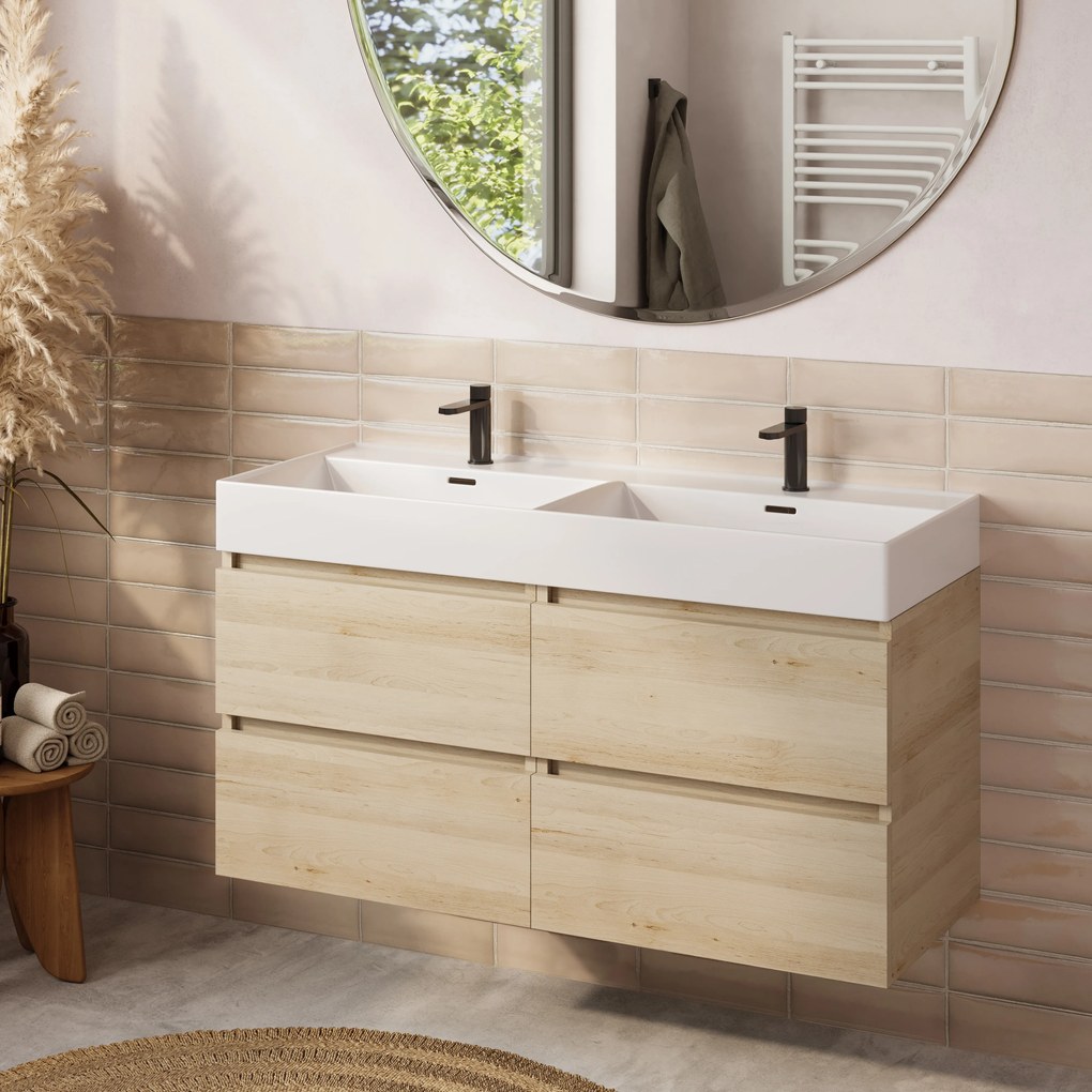 Plieger Kansas badmeubel 120cm met dubbele glans witte wastafel en 2 kraangaten beach eiken