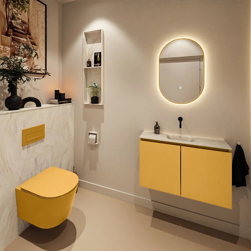 Mondiaz Ture DLux toiletmeubel 80cm ocher met wastafel ostra midden zonder kraangat