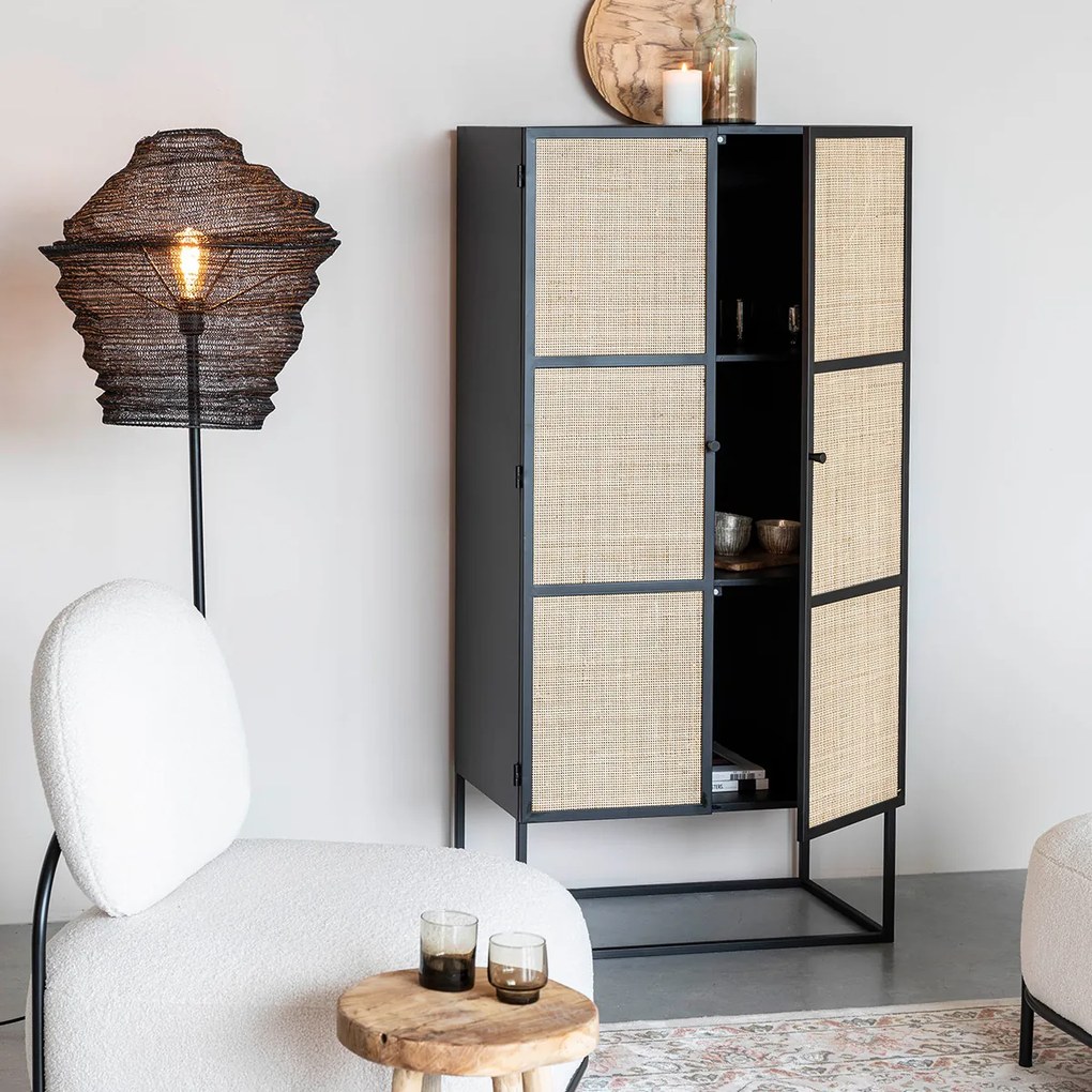 Japandi Kast Zwart Met Rotan - 70x38x145cm.