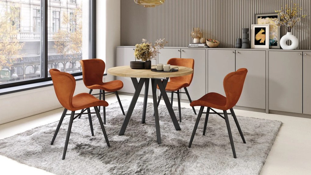 ALMO 100 Eiken Craft Gold/Zwarte poten - RONDE LOFT/INDUSTRIËLE TAFEL VOOR WOONKAMER/EETKAMER, UITSCHUIFBAAR