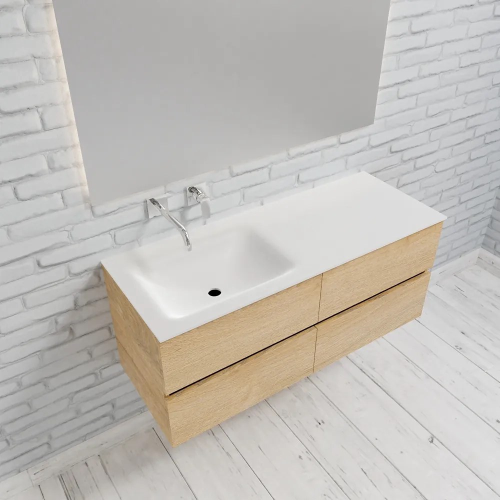 Zaro Valencia Solid Surface badmeubel 120cm licht eiken zonder kraangat spoelbak links met 4 lades