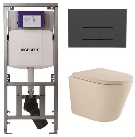 QeramiQ Dely Swirl Toiletset - 36.3x51.7cm - Geberit UP320 inbouwreservoir - 35 mm zitting - bedieningsplaat antraciet mat - rechthoekige knoppen - beige 0701131/SW1102377/SW1000771/SW1026259