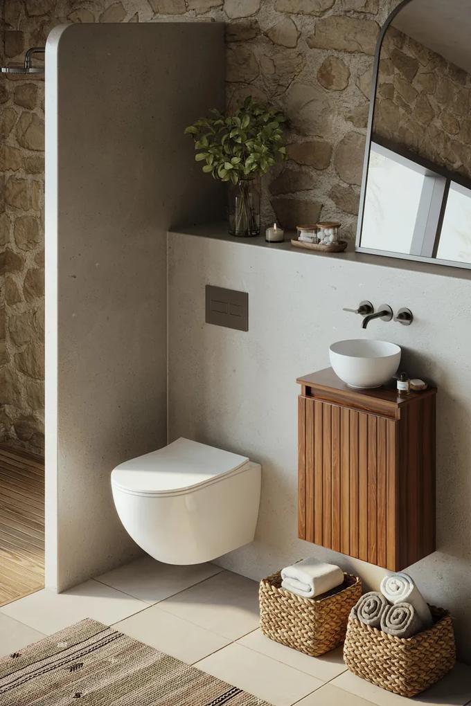 Fontana Bano toiletmeubel ribbelfront walnoot 40x22cm met glans witte waskom