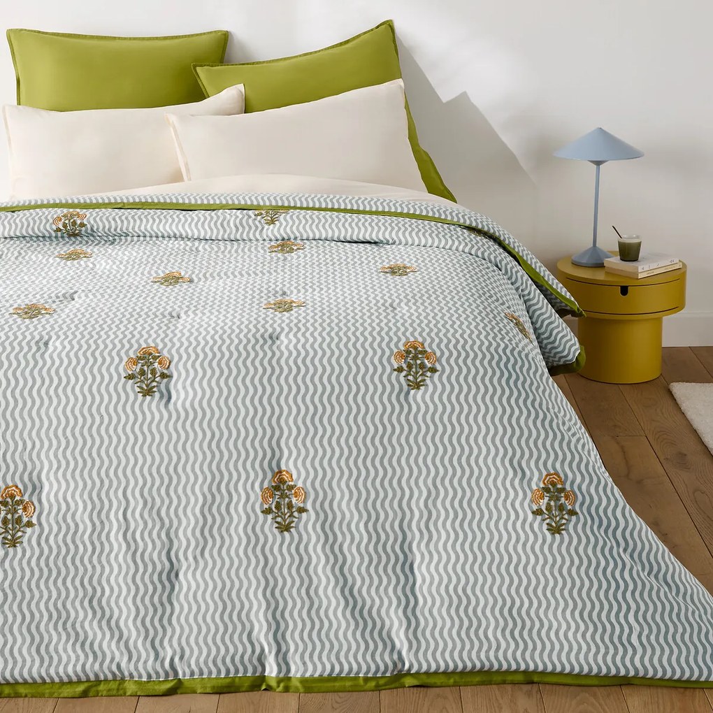 Gewatteerde sprei, strepen en bloemen geborduurd, katoen, JANI