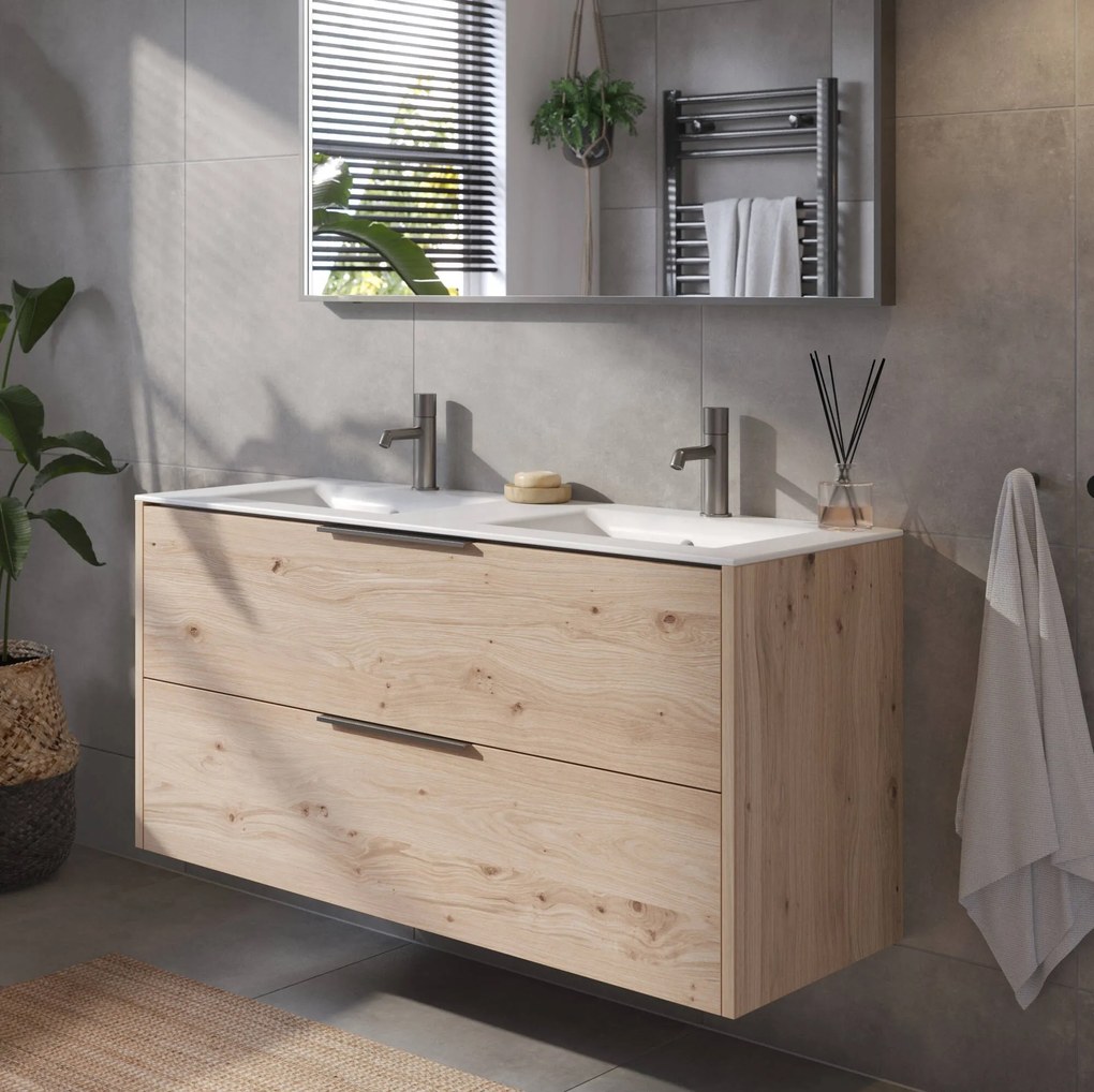 Saqu Lima badmeubel incl. dubbele keramische wastafel 120x46x61cm naturel eiken – geborsteld zwarte greep