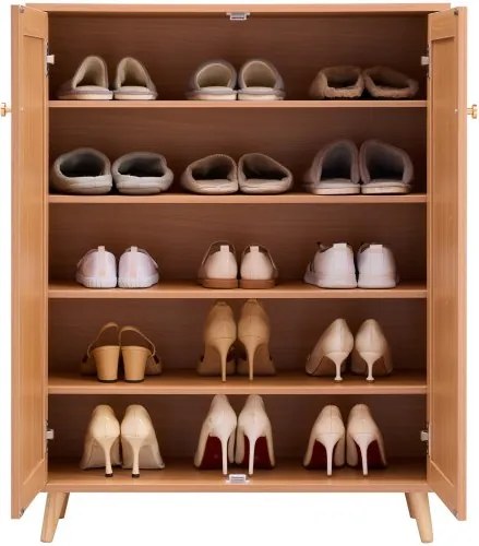 VEVOR Rotan schoenenkast 5-laags schoenenkast schoenenkast met 2 deuren en verstelbare planken, 102 cm hoog Rotan schoenenkast voor de hal, ideaal voor in de kast of in de gang. Lichte houtkleur.