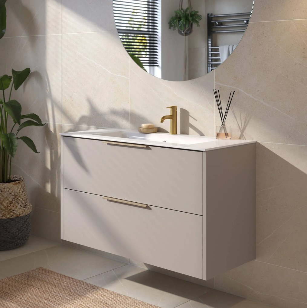 Saqu Lima badmeubel incl. glans witte keramische wastafel 100x46x61cm mat greige – messing greep