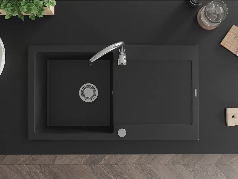 Mexen Leo granitstenen spoelbak met 1 bak en afdruiprek 900 x 500 mm, zwart, chromen sifon - 6501901010-77