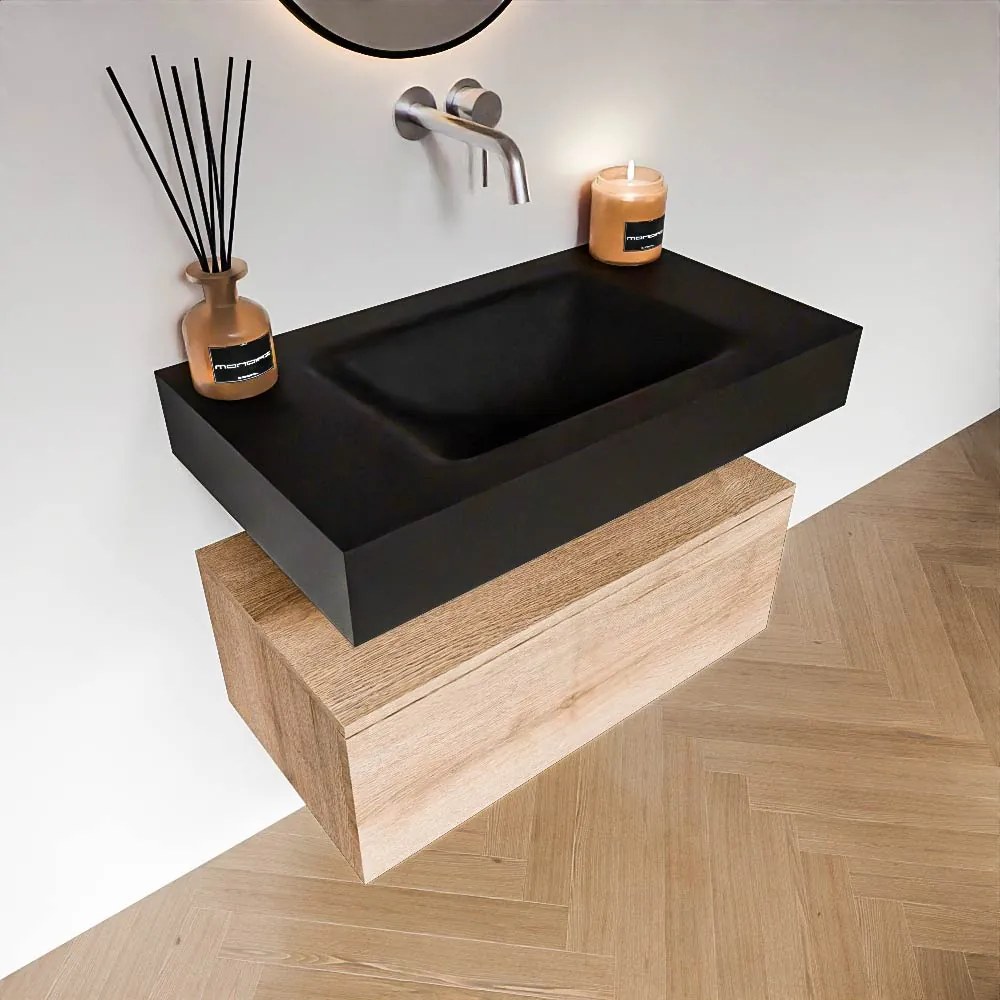 Zaro Alan badmeubel 80cm washed oak 1 lade met vrijhangende wastafel cloud midden zonder kraangat urban
