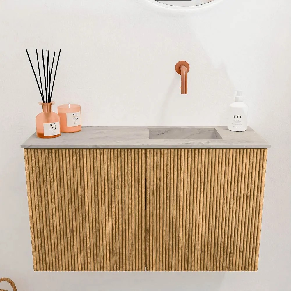 Mondiaz Joya DLux 70cm toiletmeubel oak met wastafel faye rechts zonder kraangat glace