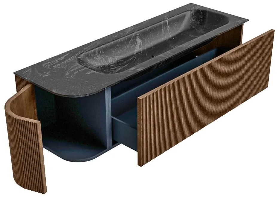 Mondiaz Kurve-dlux 145cm badmeubel ronding links walnut met 1 lade en deur en wastafel big large kraangat rechts lava