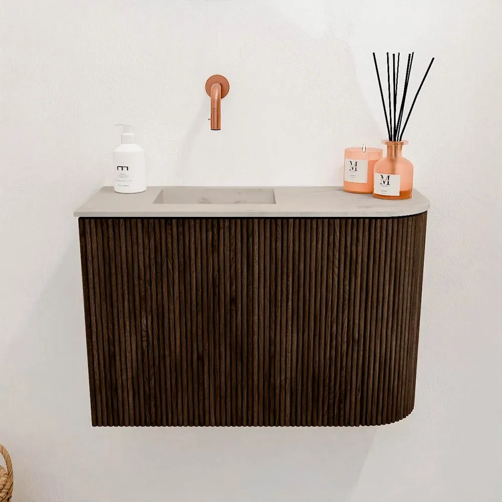 Mondiaz Joya DLux 60cm toiletmeubel ronding rechts walnut met wastafel faye links zonder kraangat opalo