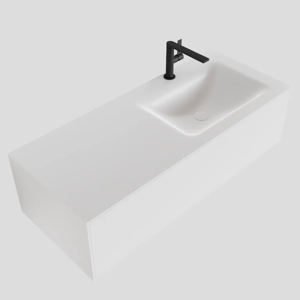 Zaro Lagom volledig naadloos solid surface onderkast 110cm mat wit met 1 lade Push tot open. Compleet met solid surface wastafel met 1 kraangat(en)