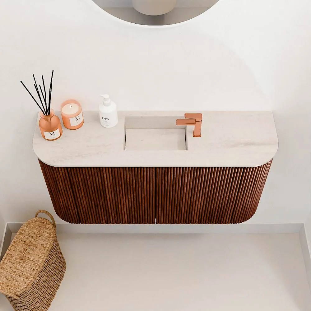 Mondiaz Joya DLux 85cm toiletmeubel ronding links/rechts ruby met wastafel faye midden 1 kraangat meli