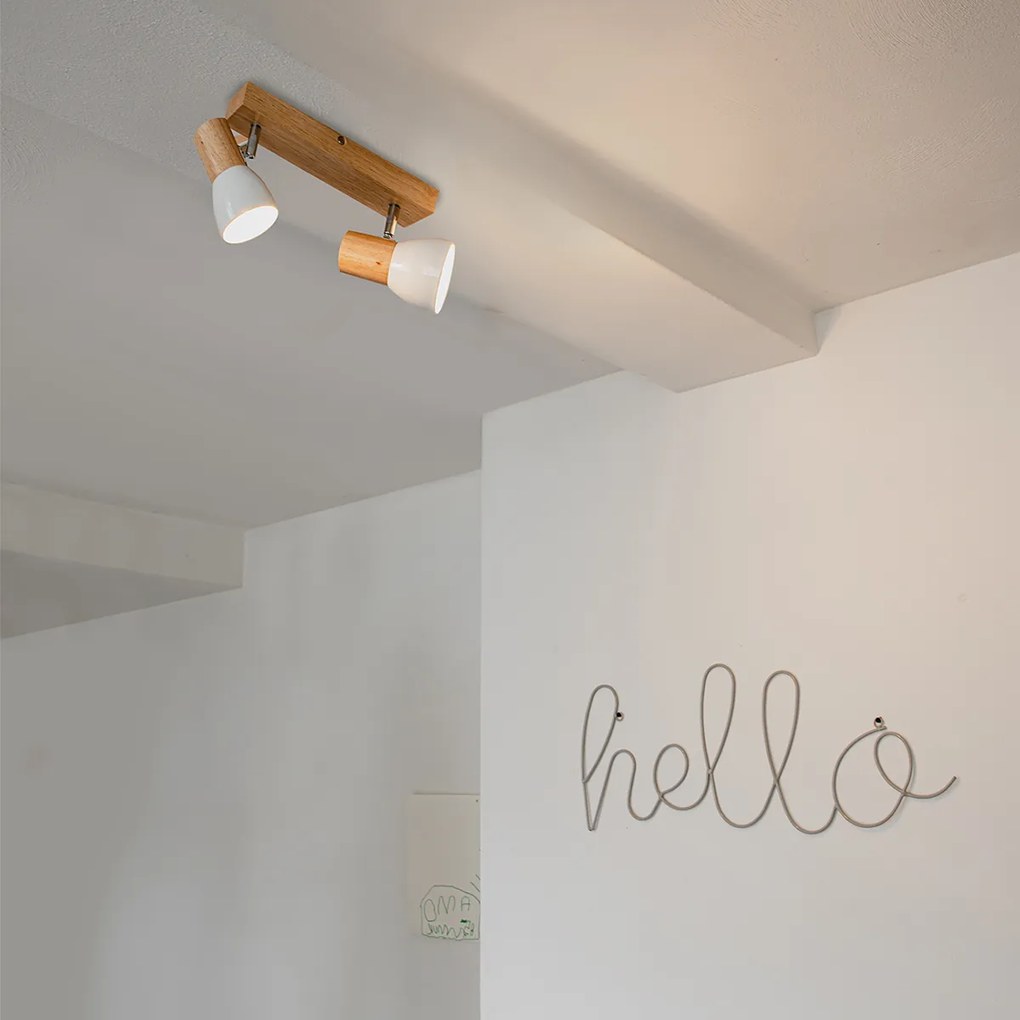 PlafondSpot / Opbouwspot / Plafondspot hout en wit 2-lichts verstelbaar - Thorin Landelijk / Rustiek E14 Binnenverlichting Lamp