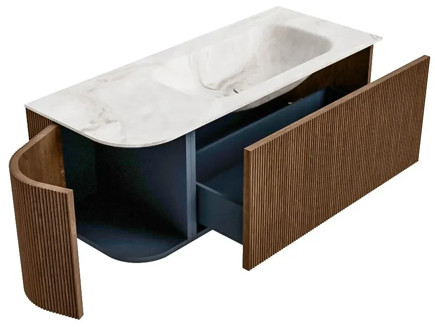 Mondiaz Kurve-dlux 115cm badmeubel ronding links walnut met 1 lade en deur en wastafel big small kraangat rechts frappe