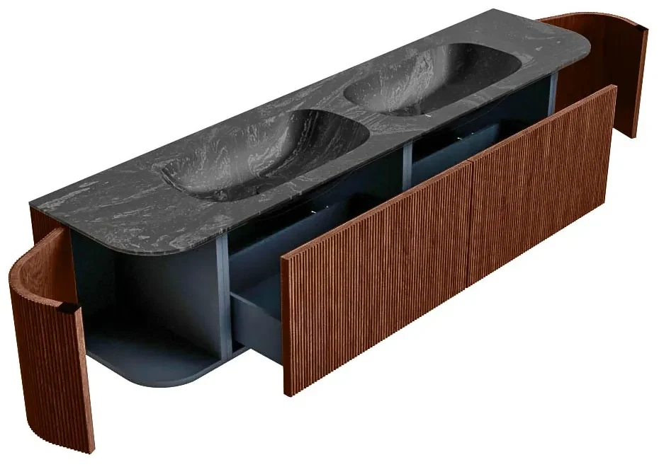 Mondiaz Kurve-dlux 190cm badmeubel ronding links/rechts ruby met 2 lades en deuren en wastafel stor small dubbel zonder kraangat lava