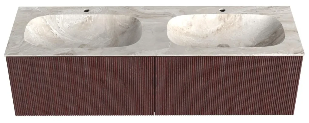 Mondiaz Kurve-dlux 150cm badmeubel ruby met 2 lades en wastafel stor small dubbel 2 kraangaten frappe