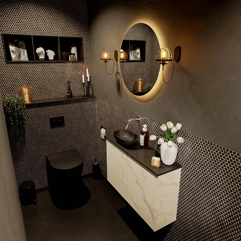 Mondiaz Fowy toiletmeubel 80cm Carrara met zwarte waskom links zonder kraangat