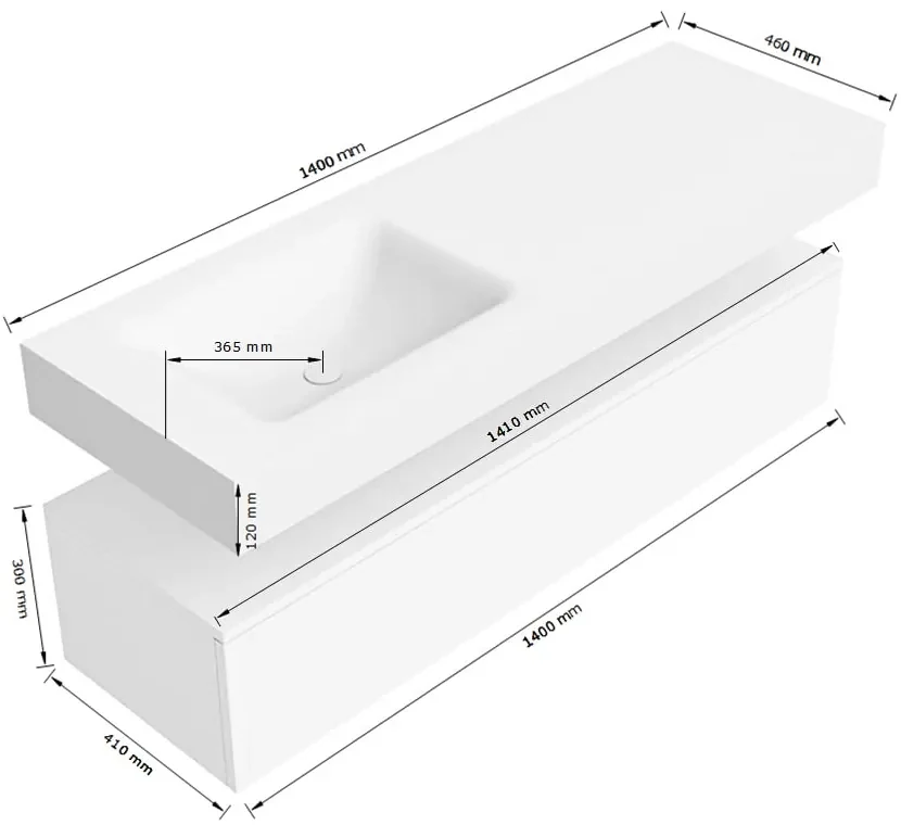 Zaro Alan badmeubel 140cm urban 1 lade met vrijhangende wastafel cloud links 1 kraangat talc