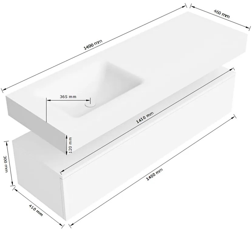 Zaro Alan badmeubel 140cm urban 1 lade met vrijhangende wastafel cloud links 1 kraangat urban