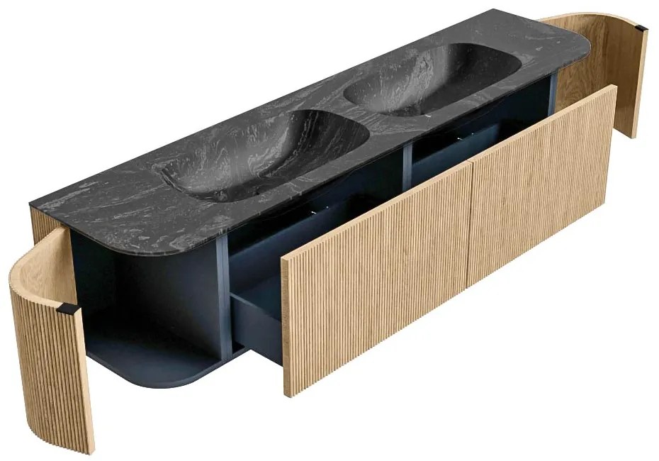 Mondiaz Kurve-dlux 190cm badmeubel ronding links/rechts oak met 2 lades en deuren en wastafel stor small dubbel 2 kraangaten lava