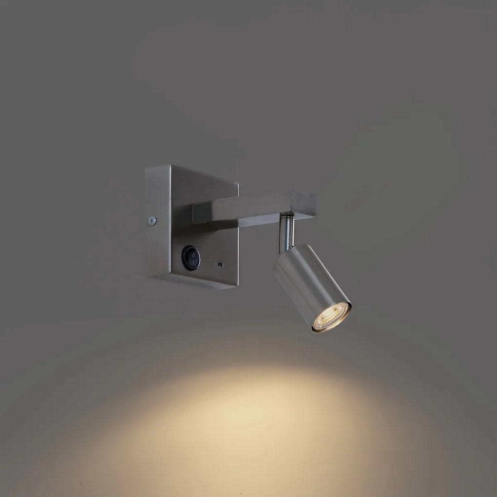 Moderne wandlamp staal met USB-C kantelbaar - Rex
