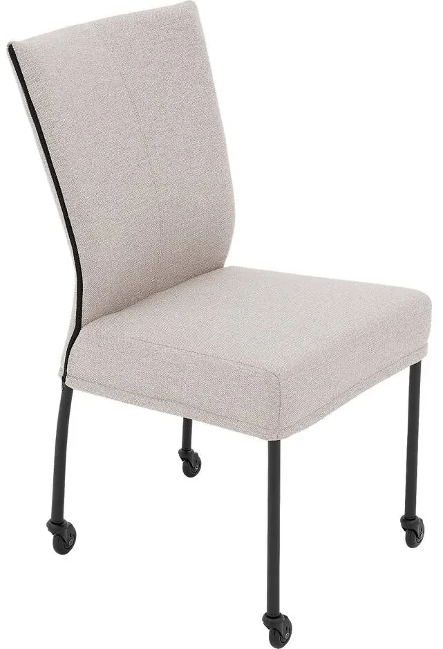 Goossens Eetkamerstoel Funk Zwarte Poten lichtgrijs stof leuning en met wielenZwart skater wiel met zwarte kap, modern design