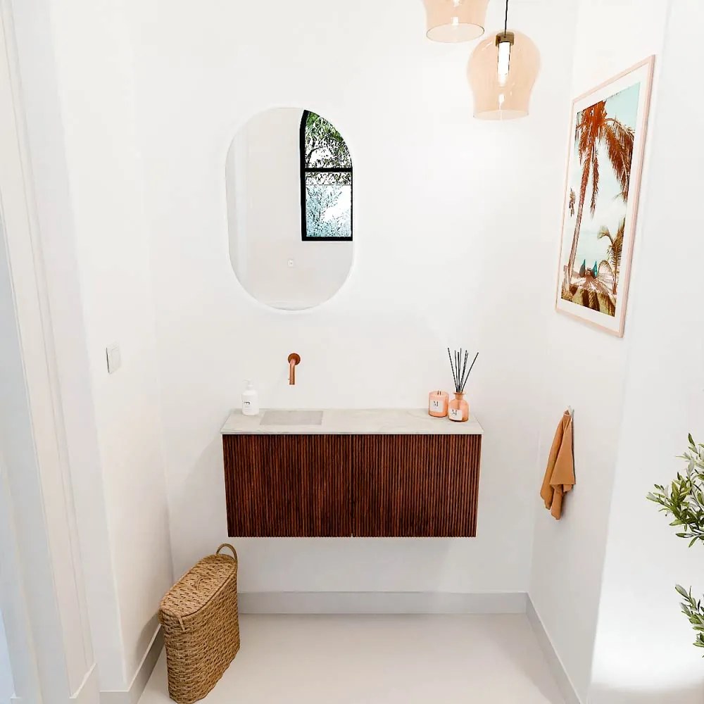 Mondiaz Joya DLux 90cm toiletmeubel ruby met wastafel faye links zonder kraangat ostra
