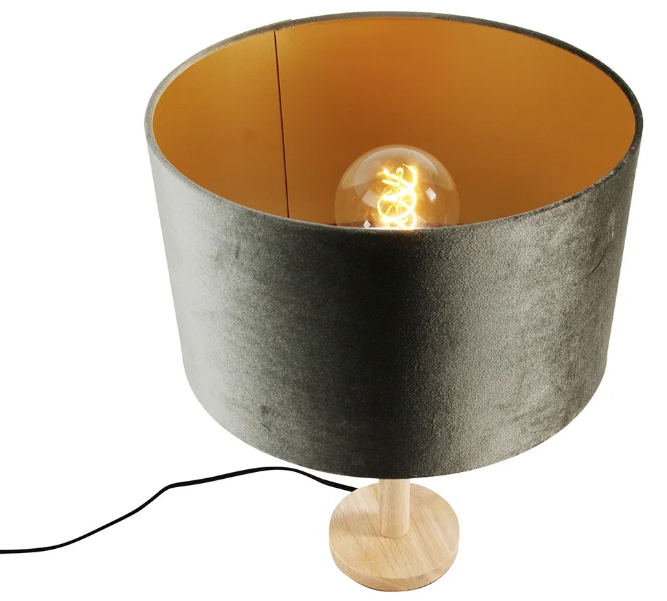 Tafellamp hout met velours kap groen 35cm - Mels Klassiek / Antiek, Landelijk E27 rond Binnenverlichting Lamp