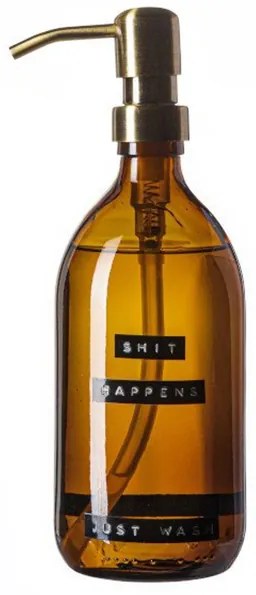 Wellmark Handzeep bruin glas messing pomp 500ml tekst SHIT HAPPENS..JUST WASH Zwart label 8720165018048