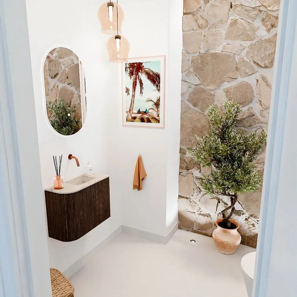 Mondiaz Joya DLux 50cm toiletmeubel ronding links walnut met wastafel faye rechts zonder kraangat frappe