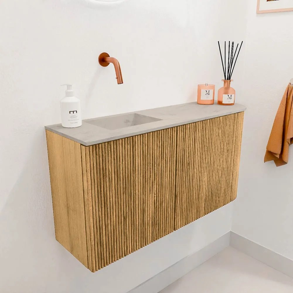 Mondiaz Joya DLux 80cm toiletmeubel ronding rechts oak met wastafel faye links zonder kraangat opalo